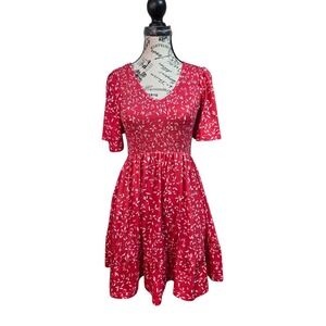 Ueal Red Leaf Print Smocked Mini Dress V-Neck Tiered Ruffle Hem Boho Small